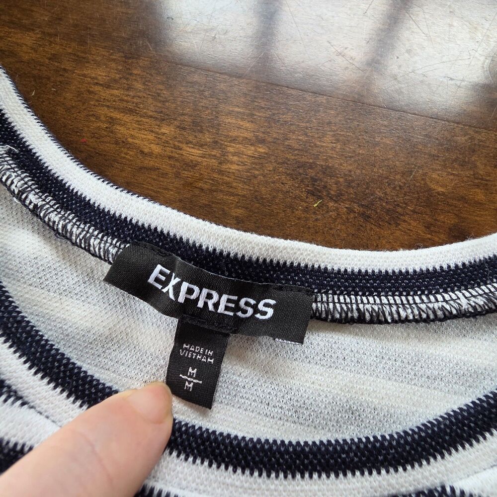 Express Black White Striped Tie Front Top M Nautical Parisian Office Stretch Tee - Picture 4 of 8
